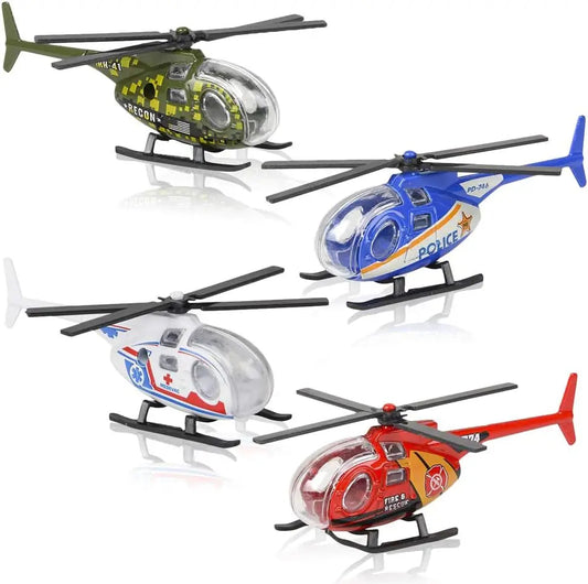 Set of 4 colorful diecast helicopter toys including police, military, EMS, and fire rescue models with spinning propellers