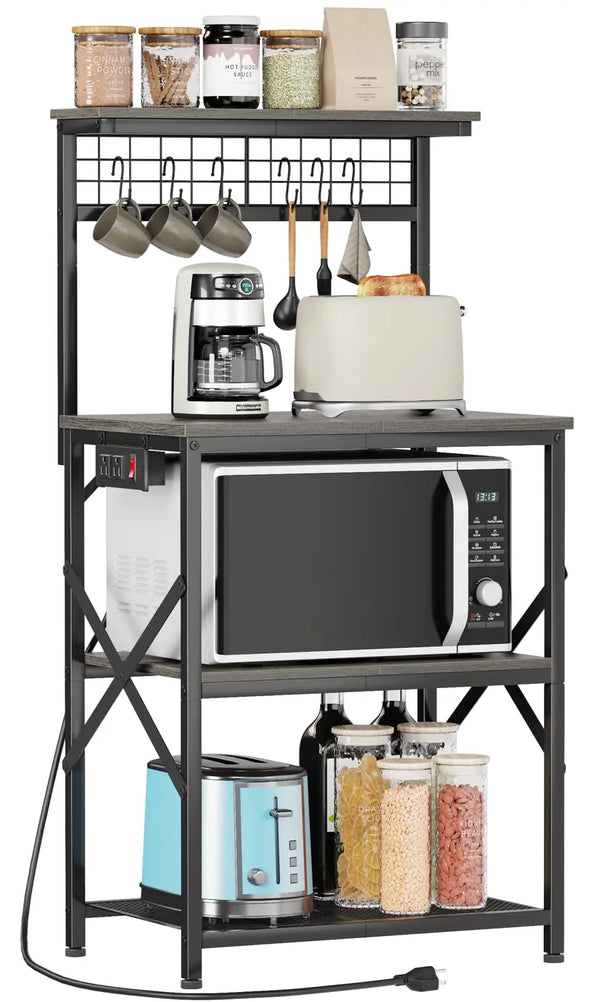 Furologee Kitchen Bakers Rack with Power Outlet, Microwave Oven Stand with Storage 4 Tiers, Coffee Bar Table with 6 S Hooks, Kitchen Storage Shelf Rack for Spices, Pots, Rustic Brown Trendikart – Shop Trending Products Online in Pakistan