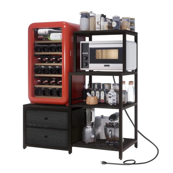 Mini fridge stand with power outlet, microwave shelf, storage drawers, and industrial matte black finish for kitchen and office organization