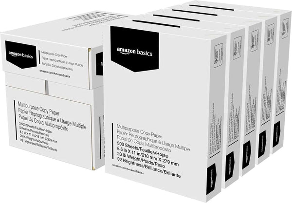 Amazon Basics Multipurpose Copy Printer Paper 5 reams 2500 sheets 8.5x11 inches bright white smooth 20 lb weight