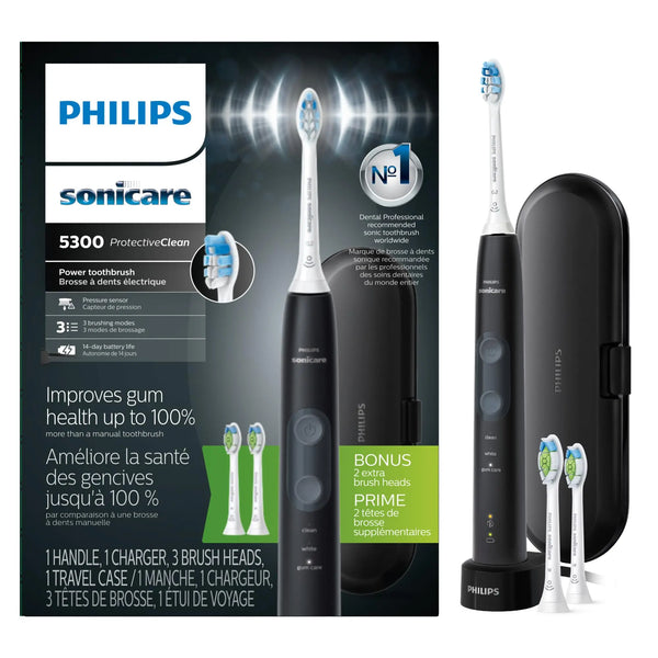 Philips Sonicare ProtectiveClean 5300 Rechargeable Electric Toothbrush, with Pressure Sensor, 3 Cleaning Modes, SmarTimer and QuadPacer, with 2 Bonus Brush Heads, Travel Case, Black, Model HX6423/34 Trendikart – Shop Trending Products Online in Pakistan