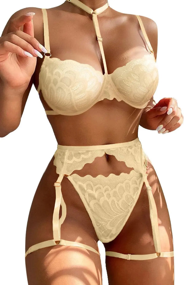 Lilosy Sexy Choker Floral Lace Scallop Sheer Underwire Push Up Garter Belt Lingerie Set 3 Piece Trendikart – Shop Trending Products Online in Pakistan