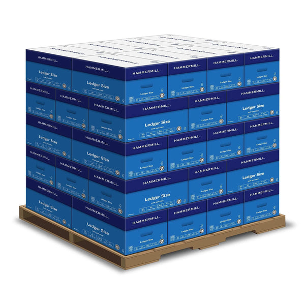 Large pallet stack of Hammermill Printer Paper boxes, blue packaging, 8.5 x 11, 20 lb copy paper, multi-ream packs