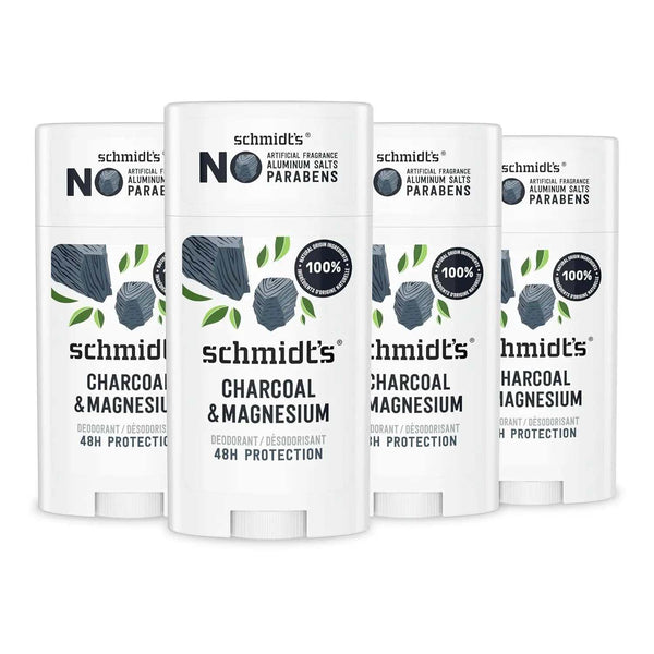 Schmidt's Aluminum-Free Charcoal & Magnesium deodorant sticks with 48-hour protection, natural vegan formula, and no parabens.