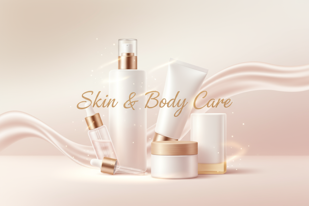 A clean, elegant banner design for a Skin & Body Care online store category. Soft pastel colors (beige, cream, and light pink tones), featuring skincare products like lotion, serum, face cream, and body oil placed neatly on a minimal background. Include glowing skin visuals, smooth textures, and a modern, fresh aesthetic. Add light text “Skin & Body Care” in stylish font at the center.